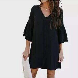 BELONGSCI Women's Sweet & Cute V-Neck Bell Sleeve Mini Shift Dress Black Size XL